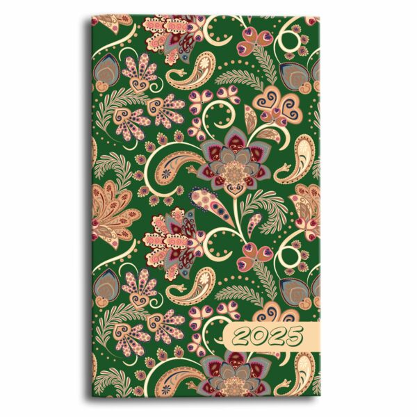 Kalendarz 2025 A6 tygodniowy kieszonkowy Soft Touch PAISLEY KWIATY GREEN